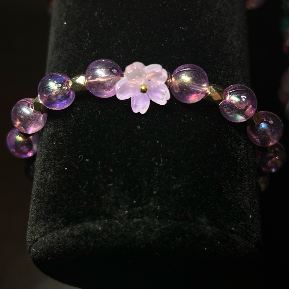 Gold and Purple Beaded Bracelet with Flower Accent